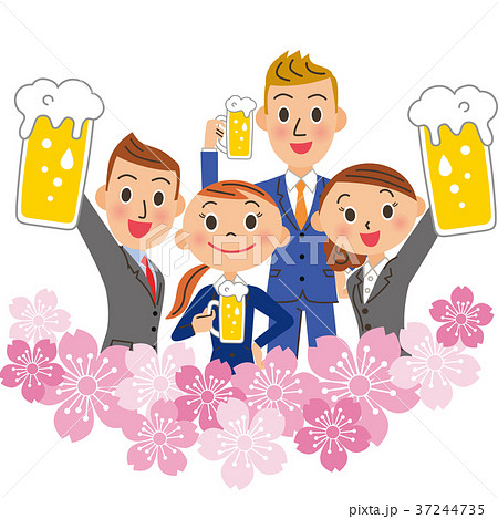 桜の中でお酒を呑む会社員 37244735