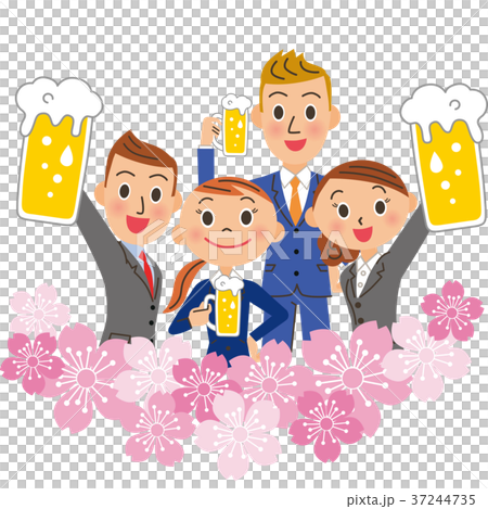 桜の中でお酒を呑む会社員 37244735