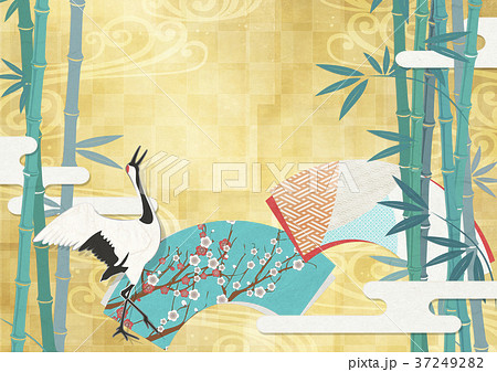 金屏風 日本画 和 扇子 鶴のイラスト素材