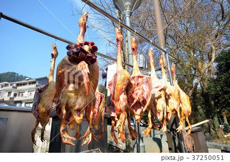 Rows of cured meat hanging to dry 37250051