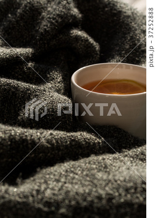Close up white cup of tea wrapped in blanket 37252888