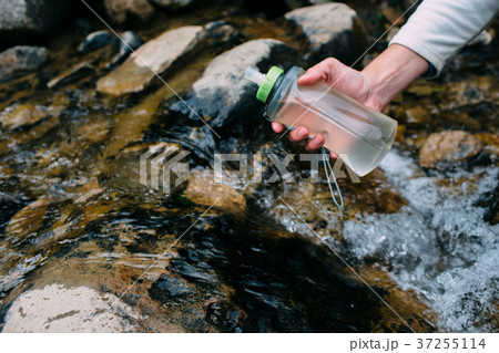 pouring water from mountain river into bottle 37255114