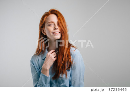Headshot Portrait of happy ginger girl with Headshot Portrait of happy ginger girl with 37256446