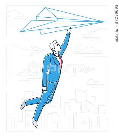 Businessman flying on a paper plane - line design 37259698