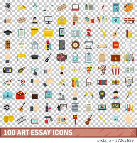100 art essay icons set, flat style 37262689