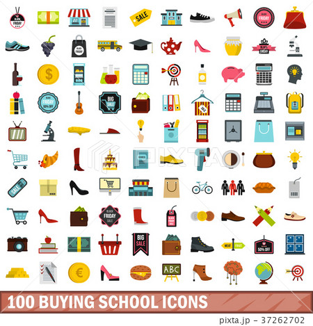 100 buying school icons set, flat style 37262702