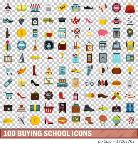 100 buying school icons set, flat style 37262702