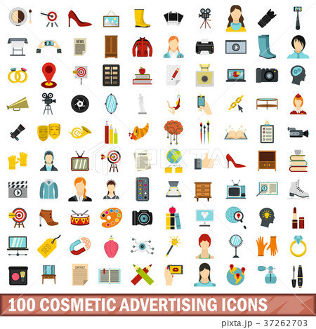 100 cosmetic advertising icons set, flat style 37262703
