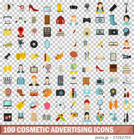 100 cosmetic advertising icons set, flat style 37262703