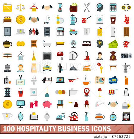 100 hospitality business icons set, flat style 37262725