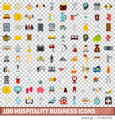 100 hospitality business icons set, flat style 37262725
