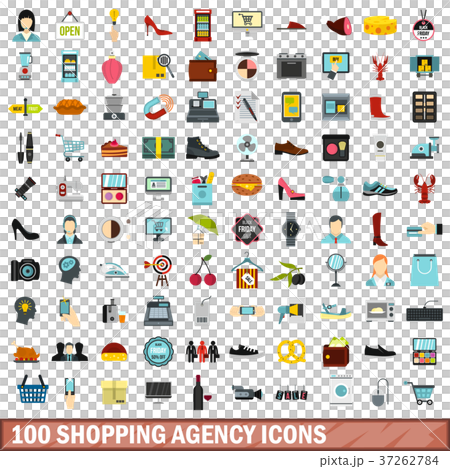 100 shopping agency icons set, flat style 37262784