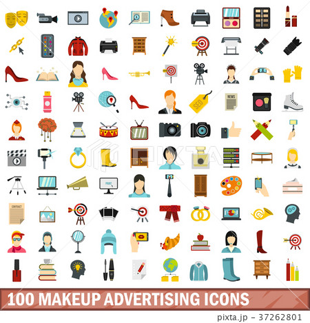100 makeup advertising icons set, flat style 100 makeup advertising icons set, flat style 37262801