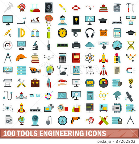 100 tools engineering icons set, flat style 37262802