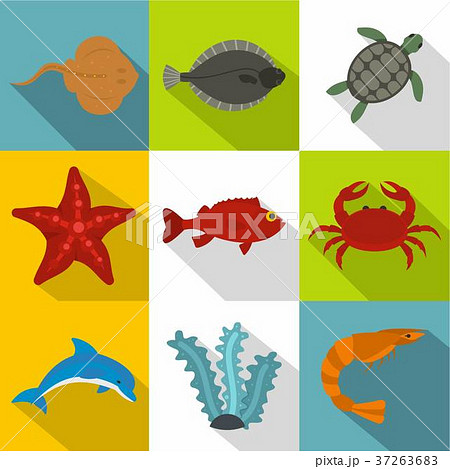 Ocean life icon set, flat style Ocean life icon set, flat style 37263683