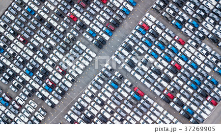 Aerial view new cars lined up in the port Aerial view new cars lined up in the port 37269905