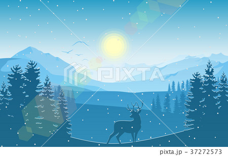 Winter mountain landscape with deer and forest 37272573