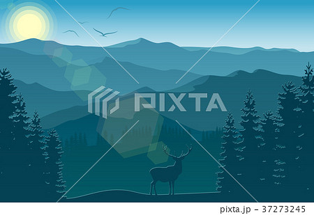 Mountain landscape with deer and forest at morning 37273245