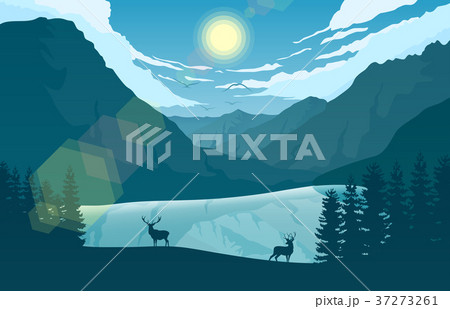 Mountain landscape with two deer in a forest Mountain landscape with two deer in a forest 37273261