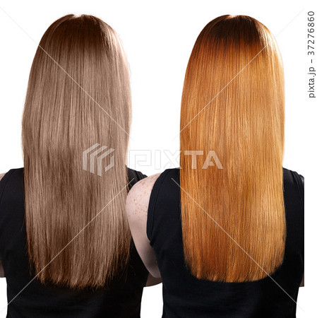 Hair before and after dyeing and treatment. 37276860