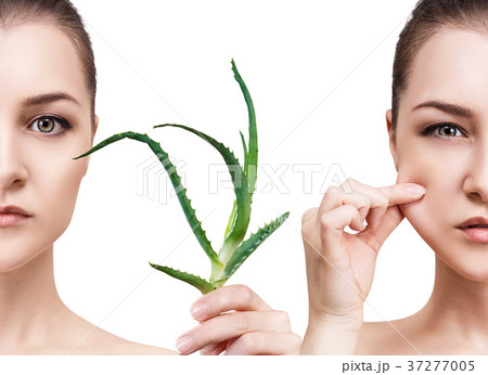Woman with aloe vera plant and perfect skin. 37277005