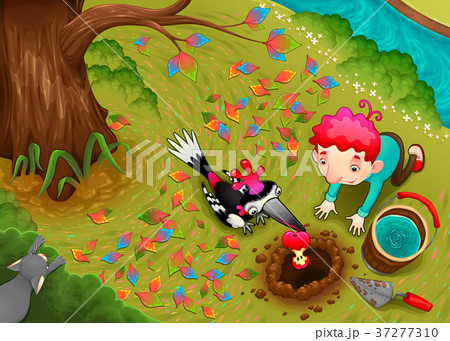 Woodpecker and the boy are seeding an apple seed 37277310