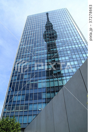 東京スカイツリー ドームガーデンから見る映り込みの写真素材