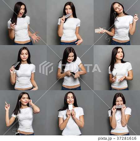 Emotions set of young woman at studio background 37281616