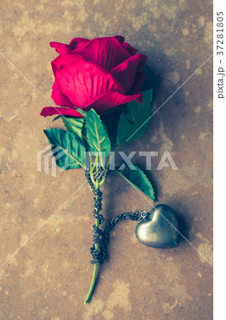 Red rose with silver heart necklace on brown board 37281805