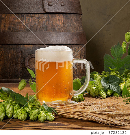 Beer Glass and Hop Cones with Wheat Beer Glass and Hop Cones with Wheat 37282122