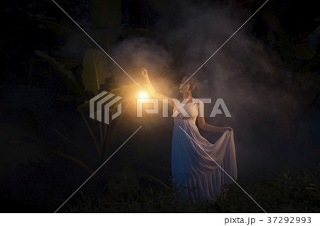 Fantasy beautiful holding lantern light in forest Fantasy beautiful holding lantern light in forest 37292993