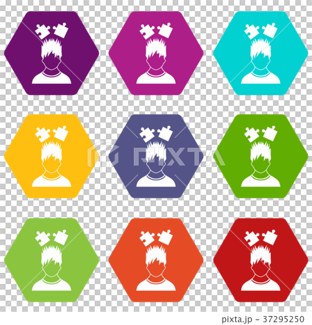 Man with puzzles over head icon set color... - Stock Illustration ...