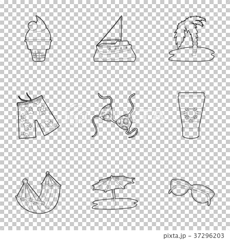 Beach accessories icons set, outline style Beach accessories icons set, outline style 37296203