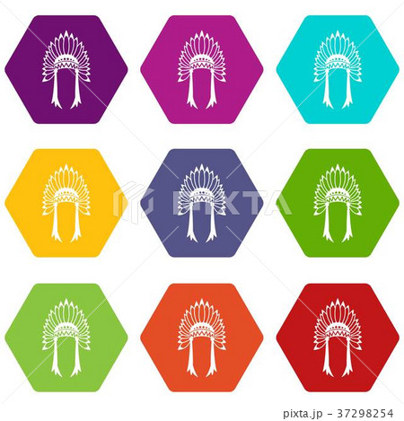 Indian headdress icon set color hexahedron 37298254