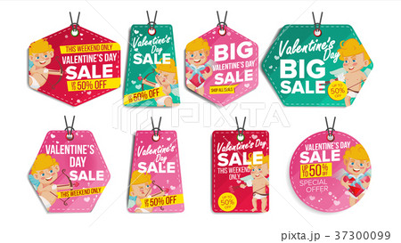 Valentine s Day Theme Sale Tags Vector. Flat Paper 37300099