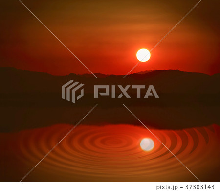 Sunset on red sky over mountain and sea. 37303143