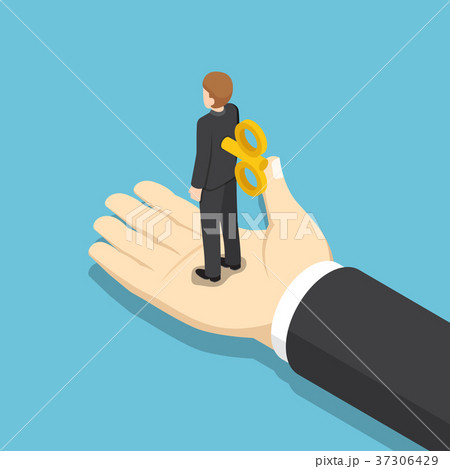 Isometric businessman with windup key on his back. Isometric businessman with windup key on his back. 37306429