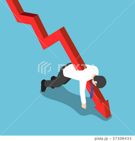 Red falling graph stabbed through businessman. 37306433