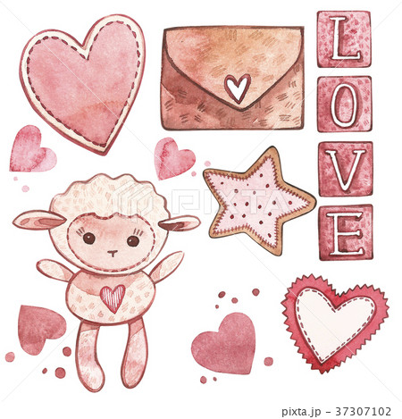 Lamb with hearts. Watercolor Pink set of elements Lamb with hearts. Watercolor Pink set of elements 37307102