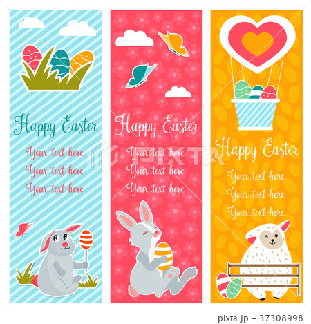Holiday bright banners with rabbits, sheep, eggs Holiday bright banners with rabbits, sheep, eggs 37308998