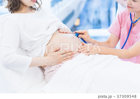 医療スタッフ、妊婦さん、触診、お腹 医療スタッフ、妊婦さん、触診、お腹 37309548