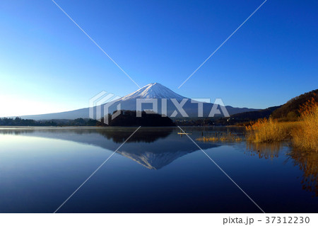 20180113河口湖から青空快晴の早朝の逆さ富士山 37312230
