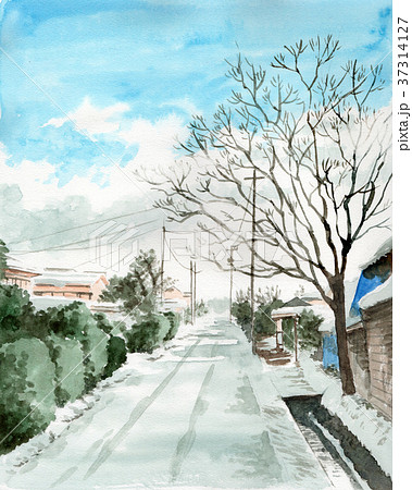 水彩で描いた田舎町の雪景色のイラスト素材