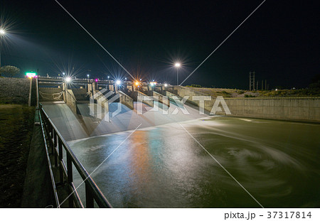 Spillway of Dam gate on night,Pa Sak Cholasit Dam 37317814