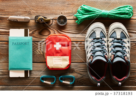 Travel items for hiking flat lay 37318193