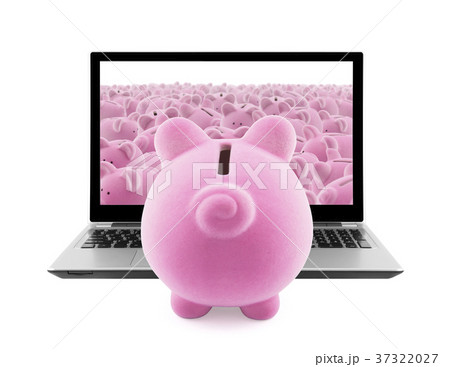 Piggy banks and laptop isolated on white  37322027