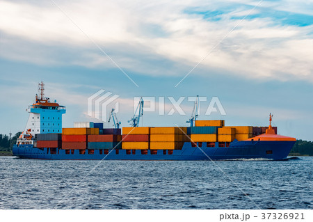 Blue container ship underway 37326921