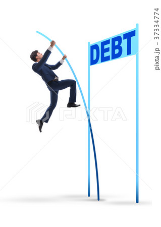 Businessman pole vaulting over debt in business Businessman pole vaulting over debt in business 37334774