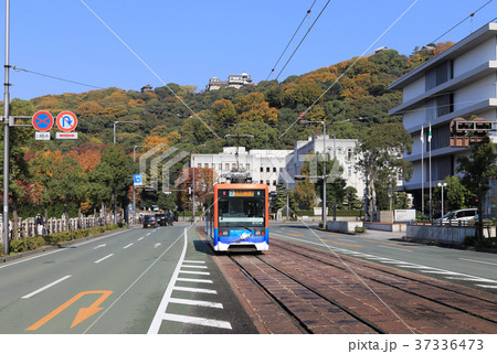 松山城を背に県庁・市役所前を走る路面電車（モハ2100形） 37336473