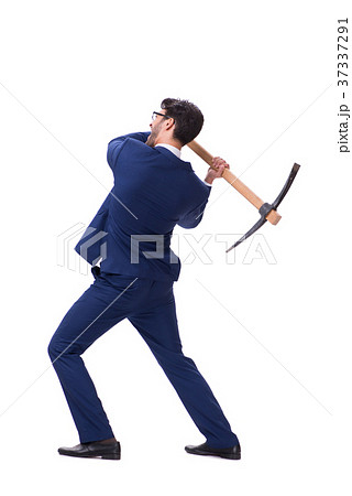 Young businessman with axe isolated on white Young businessman with axe isolated on white 37337291
